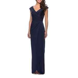 La Femme NWOT Surplice Off the Shoulder Column Gown Navy Size 4